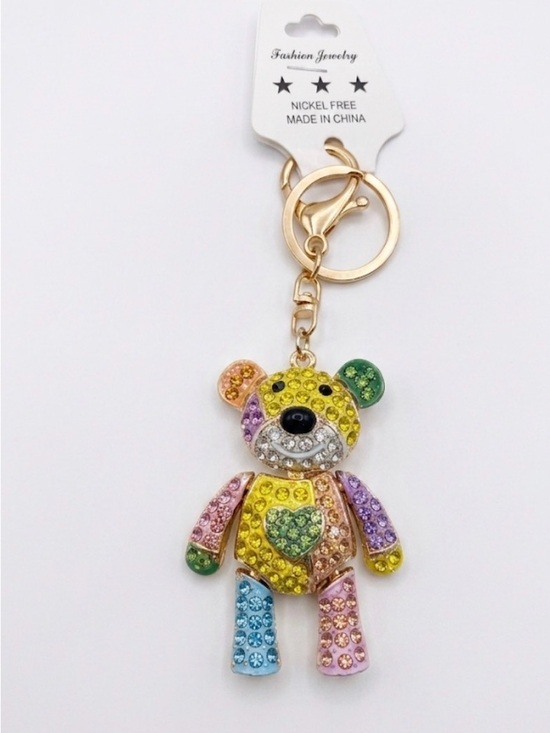 Fashion Jewelry Accessories - Multicolor Rhinestone Teddy Bear Keychain Bag Charm with Gold Hardware